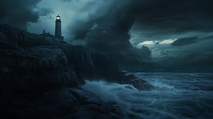 Fototapeta premium Lighthouse standing on rocky cliffs during a stormy night