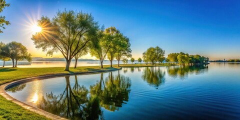 Serene sunrise over a calm lake with lush green trees reflected in the tranquil water, creating a picturesque and peaceful landscape.