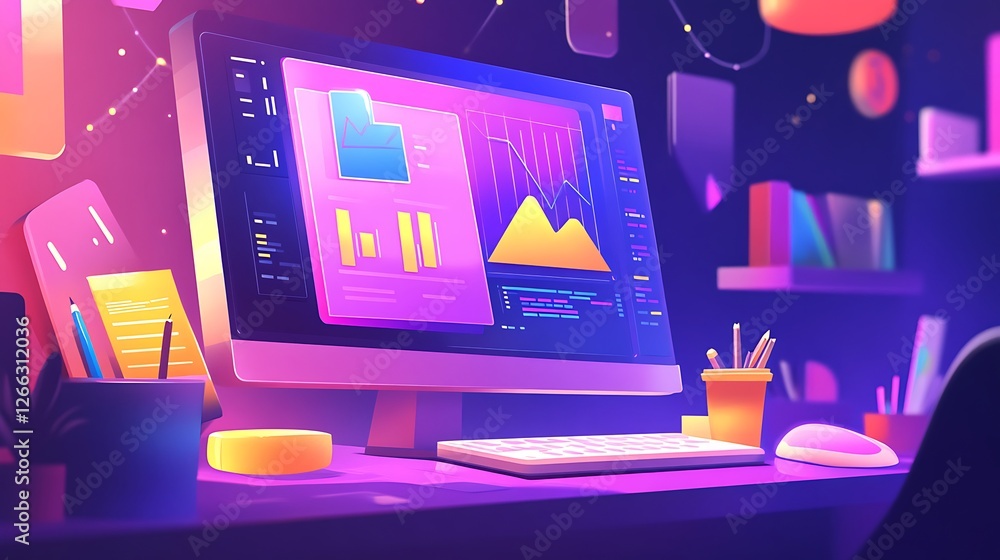Poster modern workplace desktop showing data analysis graphs