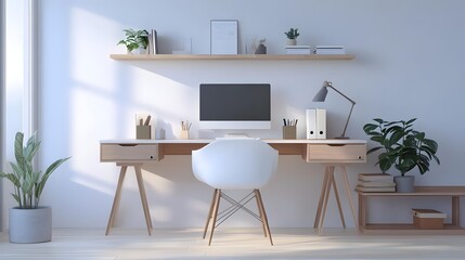 Modern home office setup featuring a desk, computer, plants, and decorative items in bright light