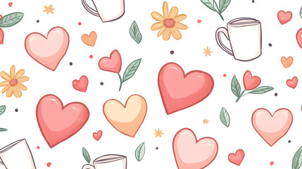 Playful heart icon pattern with flowers and cups, creating sweet and cheerful atmosphere. Perfect for romantic or whimsical designs