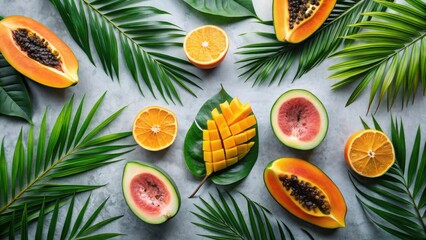 Tropical Fruit Flatlay A Vibrant Arrangement of Mango, Papaya, Watermelon, and Oranges with Lush Green Palm Fronds