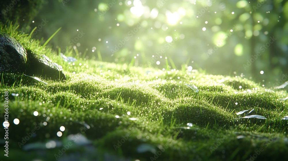 Poster vibrant close up of lush green grass sparkling with dew in a sunlit forest atmosphere : generative a