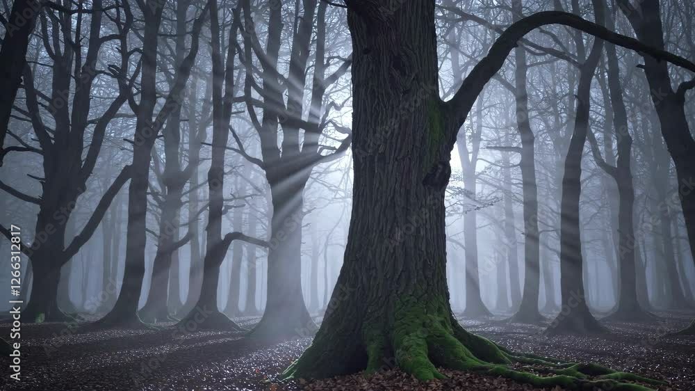 Poster misty forest with sunbeams streaming through trees, serene and mysterious atmosphere, nature explora