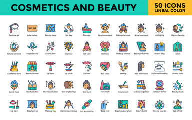 Cosmetics and Beauty icons set with eyebrow gel, false lashes, beauty sleep, spa day, massage, facial treatment, makeup remover, acne treatment, anti aging icon. Simple lineal color vector 
