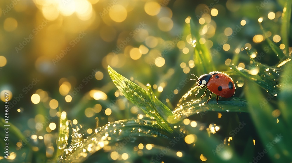 Poster Vibrant ladybug perched on a blade of grass with a sparkling dew background during golden hour : Generative AI