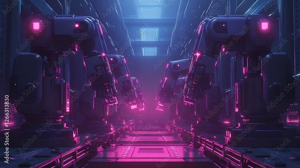 Poster Futuristic robotic assembly line with glowing pink accents showcasing advanced technology and automation : Generative AI