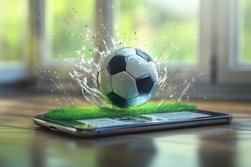 Fototapeta premium Digital Soccer Ball Splashing on Smartphone Screen with Grass Accent