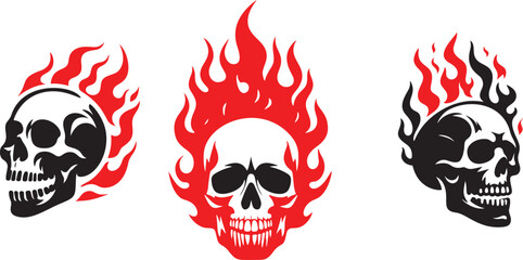 Three flaming skulls in red and black.