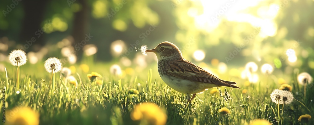 Poster a solitary bird enjoys the sunlight in a garden of dandelions bursting with colors and life : genera