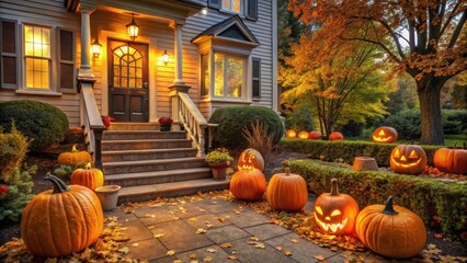 Autumnal Evening Illumination Jack-o'-lanterns and pumpkins illuminate a home's entrance, creating a festive ambiance on a crisp autumn evening.