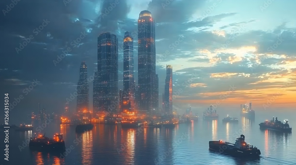 Poster stunning city skyline at dusk with illuminated skyscrapers and ships on calm waters : generative ai