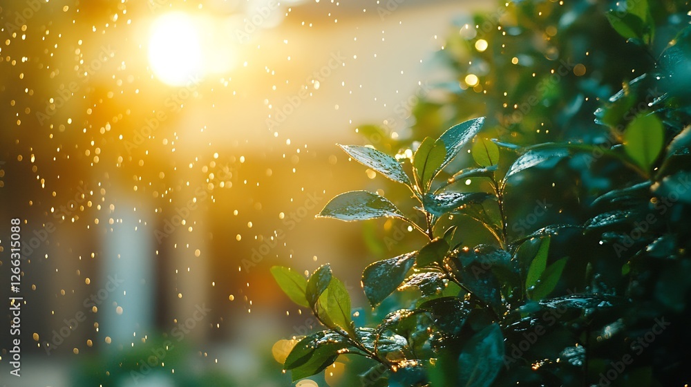 Poster golden sunlight filtering through raindrops on lush green leaves creating a magical atmosphere : gen