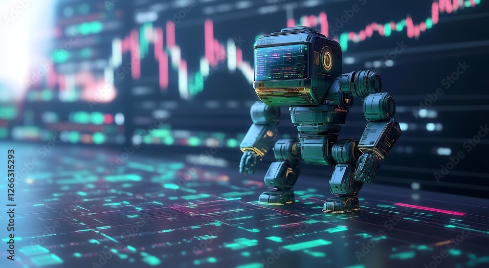 Fototapete Futuristic robot standing against a vibrant digital backdrop showcasing financial data and graphs : Generative AI