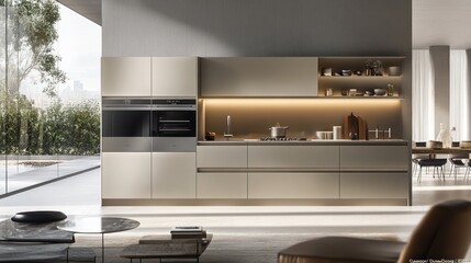 Modern Minimalist Kitchen with Built-in Appliances and Open Shelving
