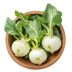 bowl of fresh Kohlrabi bulbs with green leaves top view isolated on transparent white background, clipping path