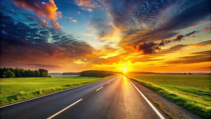 Fototapeta premium Asphalt Road Through Verdant Fields at Sunset, a Vibrant Panorama of Nature's Splendor and the Promise of Open Road Adventures