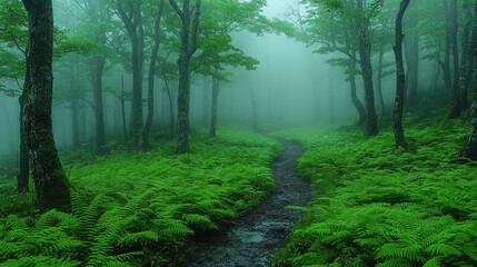 Obraz premium Serene misty forest path surrounded by lush ferns and trees, evoking tranquility and nature's beauty