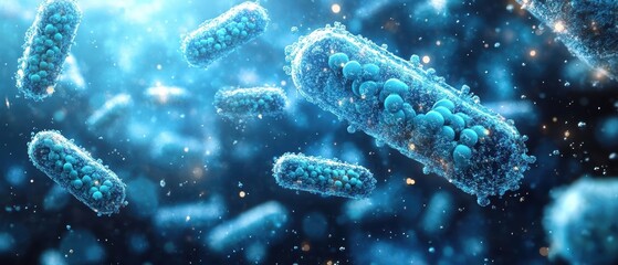 Microscopic View of Bacteria in Blue Abstract Digital Background