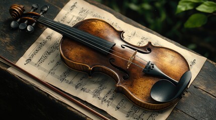 A beautifully aged violin resting on vintage sheet music surrounded by lush greenery