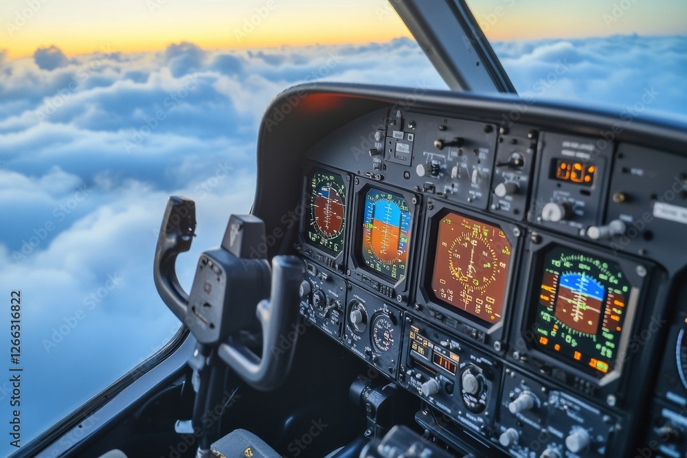 Fototapete view from the cockpit of a helicopter flying above the clouds during sunset showcasing the instrumen