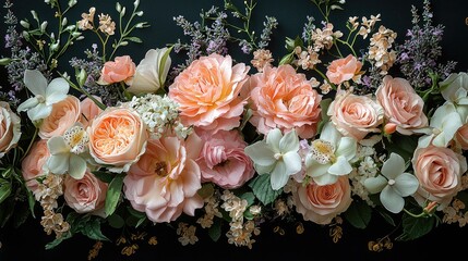 A vibrant arrangement of soft pink and white flowers with delicate greenery against a dark backdrop
