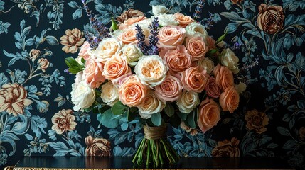 Beautiful bouquet of roses and lavender against a floral wallpaper background