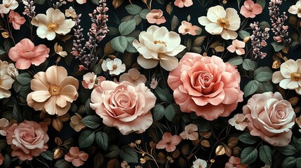 Elegant floral pattern featuring a variety of roses and blossoms on a dark background