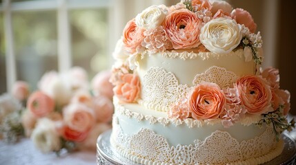 Elegant two-tier wedding cake adorned with delicate lace and fresh flowers, set in a soft-lit room