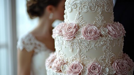 Elegant wedding cake adorned with delicate pink roses, featuring a bride in the background