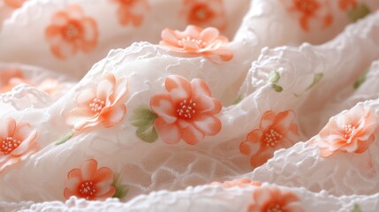 Delicate floral lace fabric with orange blossoms, draping softly, ideal for fashion design