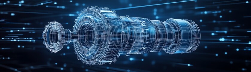 Obraz premium Wireframe vector gear on a dark blue background, mechanical engineering symbol, machine technology, business plan development, project design, engine work visual concept