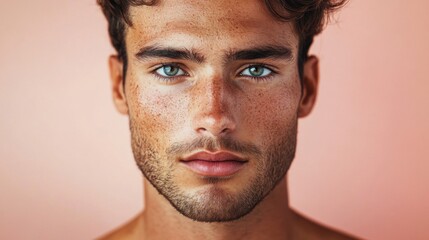 Fototapeta premium Closeup Portrait of a Young Man with Freckles and Blue Eyes Against a Pink Background