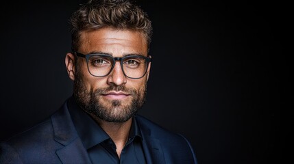 Obraz premium Confident man, glasses, dark suit, studio. Business portrait
