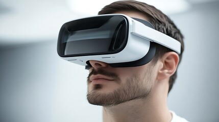 Close-up of a man wearing advanced white virtual reality headset in a tech-savvy indoor setting : Generative AI