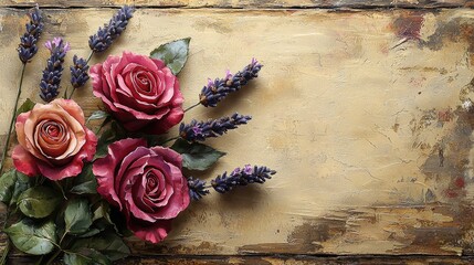 Beautiful arrangement of pink and lavender flowers on a rustic wooden surface background