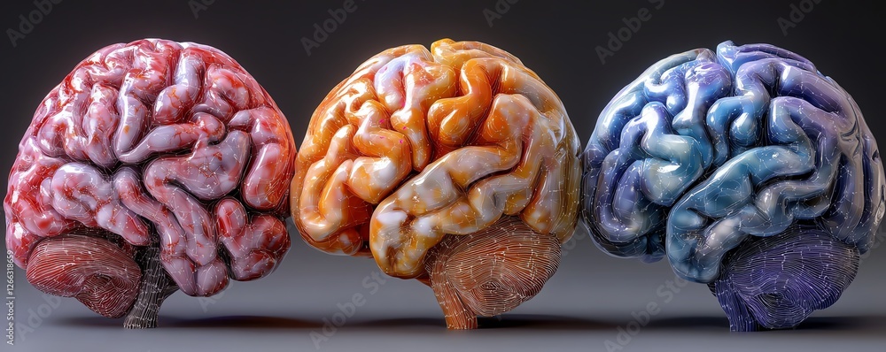 Poster colorful 3d human brain, with highlighted regions showing brain functions, neural network activity, 