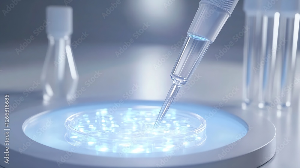 Aufkleber modern laboratory setup featuring a pipette and petri dish illuminated with blue light for enhanced 