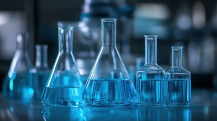 Lab glassware, blue liquid, research, experiment, science, background, analysis, chemistry