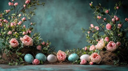 Beautiful floral arrangement with pastel eggs for Easter celebration on textured background