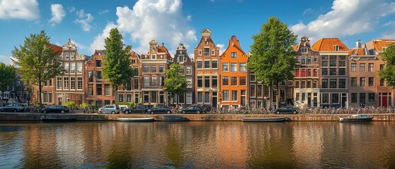 Naklejka premium Colorful houses along the Amsterdam canals, bicycles parked by the waterways, peaceful canal view, traditional Dutch architecture, serene reflections, vibrant urban life