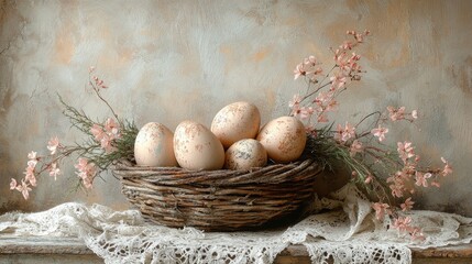 A rustic basket filled with decorative eggs and delicate pink flowers on a textured background