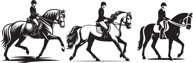 Three riders on horses, monochrome illustration.