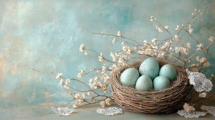 A serene nest of pastel blue eggs surrounded by delicate branches and lace on a soft background