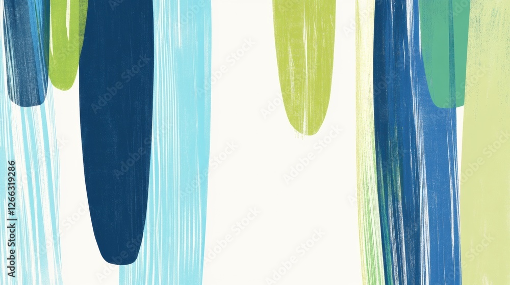 Poster Vertical abstract lines create a soothing effect reminiscent of gentle spring rain in shades of blue and green. Generative AI
