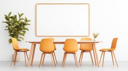 Modern minimalist meeting room with wooden table, yellow chairs, and green plant by white wall