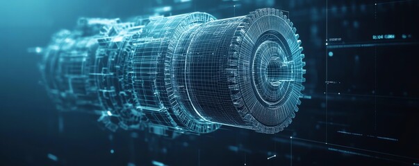 Obraz premium Dark blue background with vector wireframe gear, mechanical technology and engineering symbol, project development concept, business plan illustration, engine work schematic