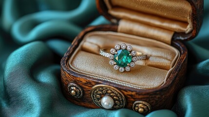 Elegant emerald ring displayed in a vintage jewelry box on luxurious satin fabric background