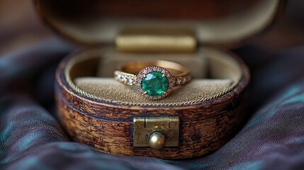Elegant emerald ring showcased in vintage wooden box with soft fabric background