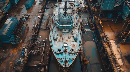 Fototapeta premium Top-down perspective of a large ship resting in a busy shipyard surrounded by workers and machinery : Generative AI